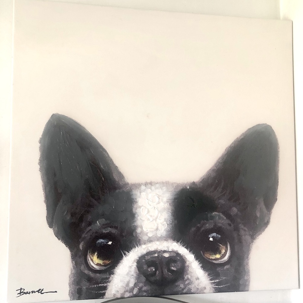 LARGE Vintage French Bulldog Boston Terrier Dog Painting On Canvas Barnett 28”